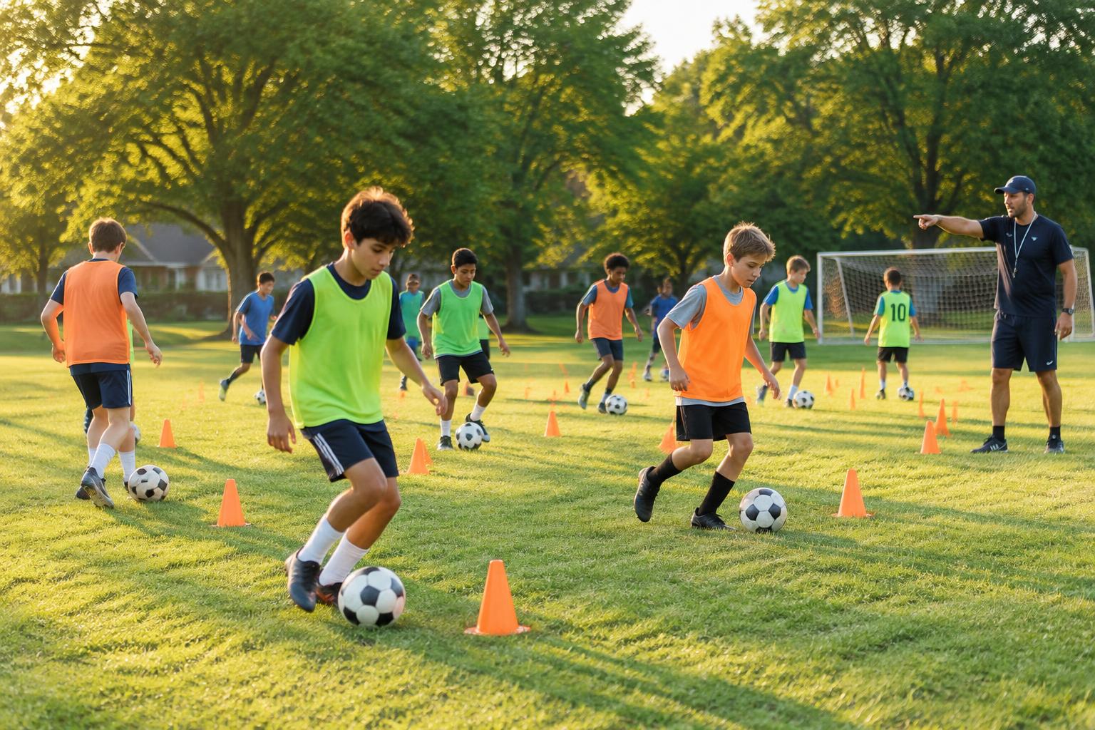 Youth soccer practice on a neighborhood field